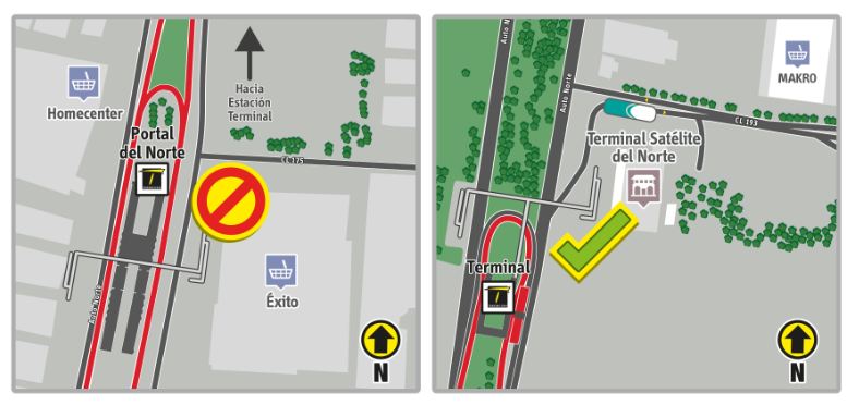 Mapa del anterior y nuevo paradero de los servicios interdepartamentales que se ubicaban en la Calle 170