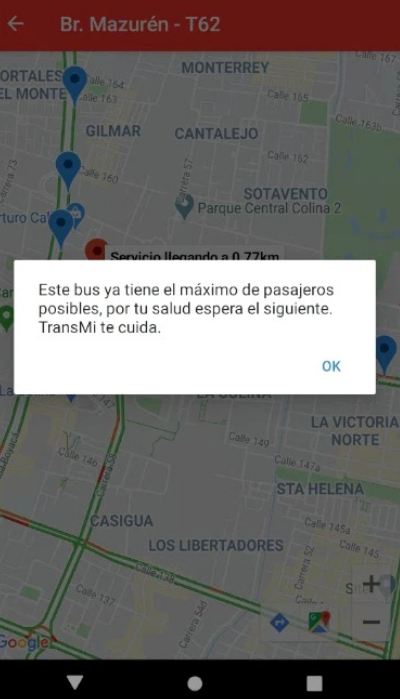 Mensaje de ocupación de bus en TransMiApp