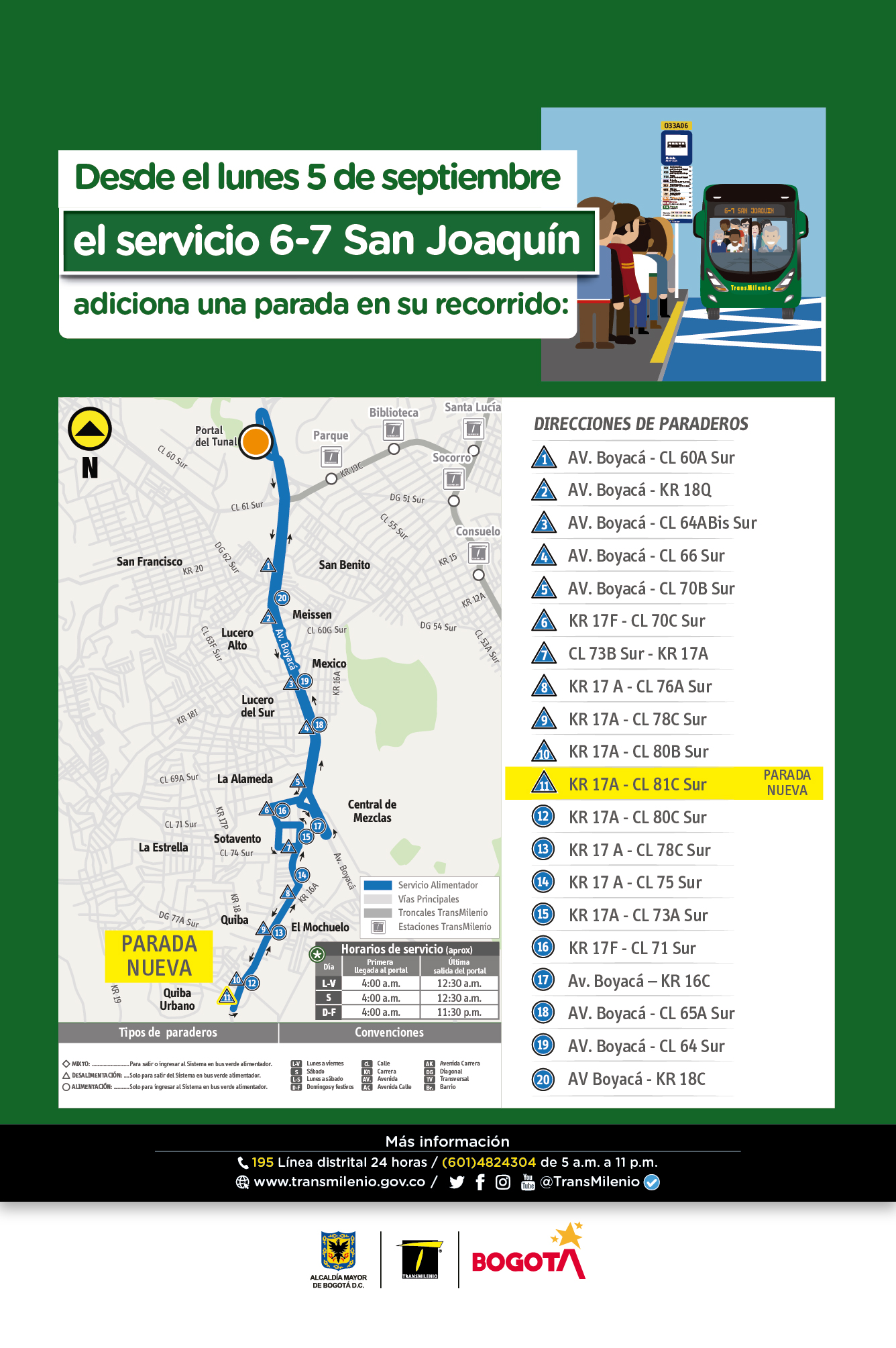 Recorrido de la ruta 6-7 San Joaquín con la nueva parada en la Carrera 17A con calle 81C Sur