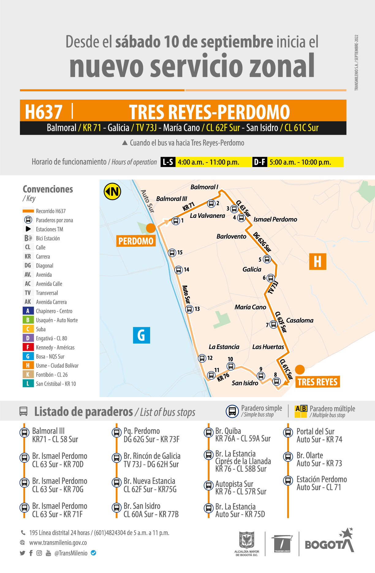 Recorrido de la ruta H637 Tres Reyes - Perdomo