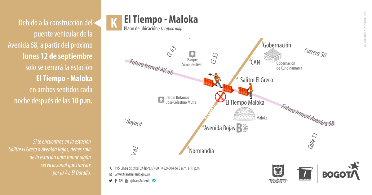 La estación El Tiempo – Maloka continuará con el cierre nocturno que se viene adelantando desde el 25 de agosto, por lo que dejará de prestar servicio desde las 10 de la noche