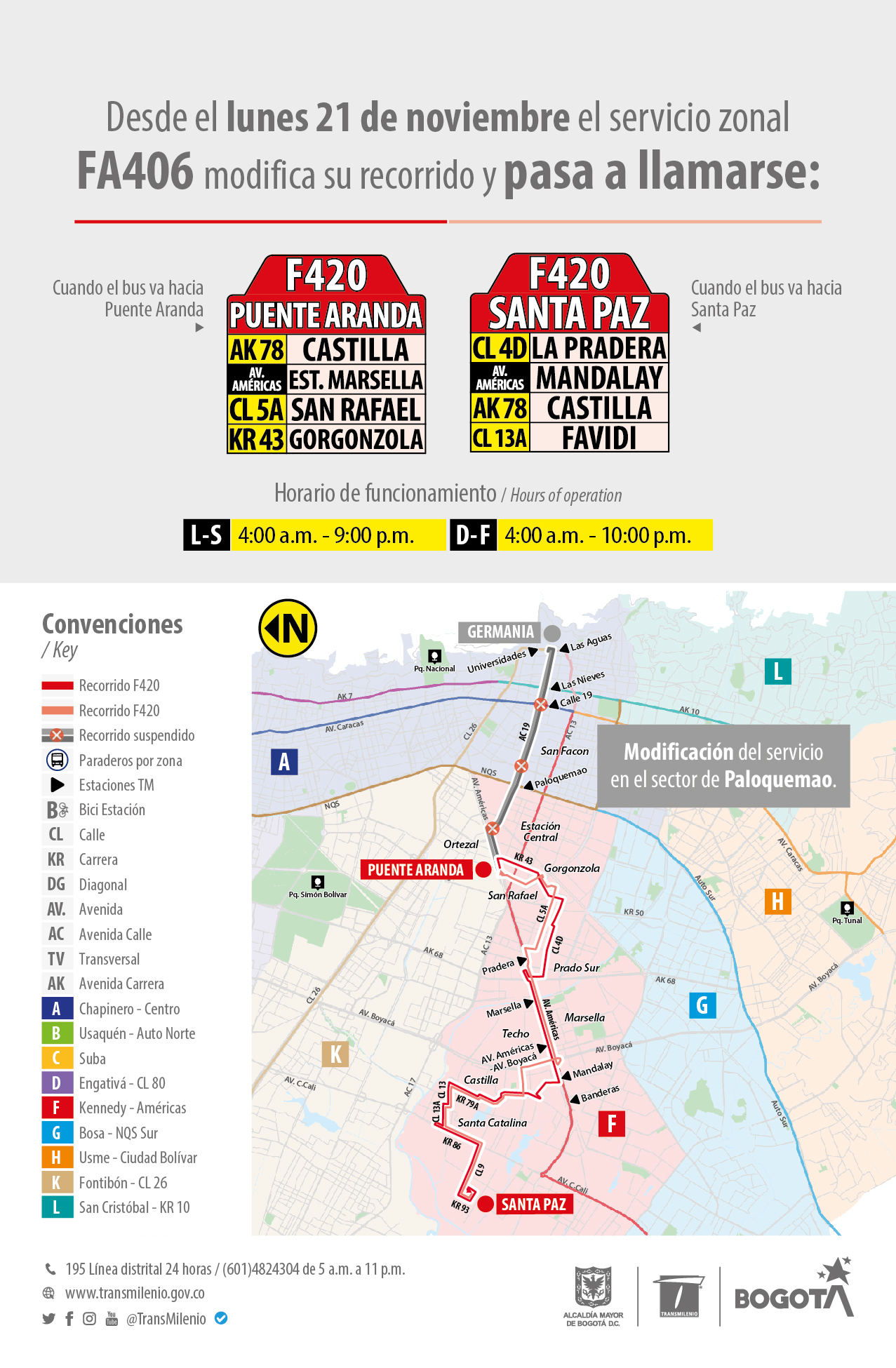 Mapa con ajuste operacional de la ruta zonal FA406, la cual, modifica su recorrido y pasa a llamarse F420 Santa Paz – F420 Puente Aranda