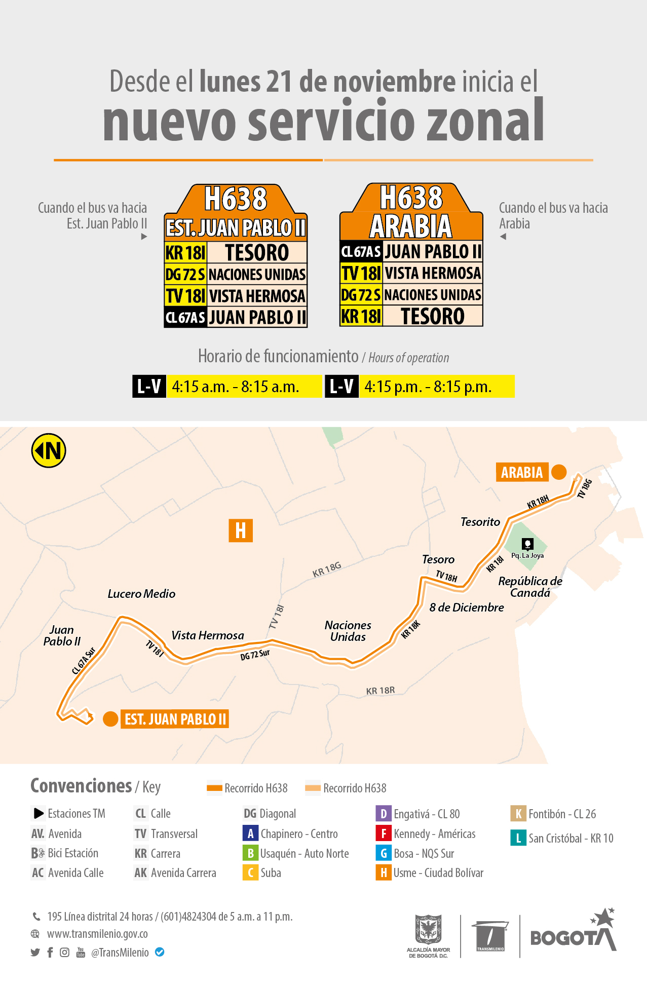 Recorrido de la ruta H638 Estación Juan Pablo II – Arabia conectará algunos barrios de la UPZ Tesoro con la estación Juan Pablo II de TransMiCable