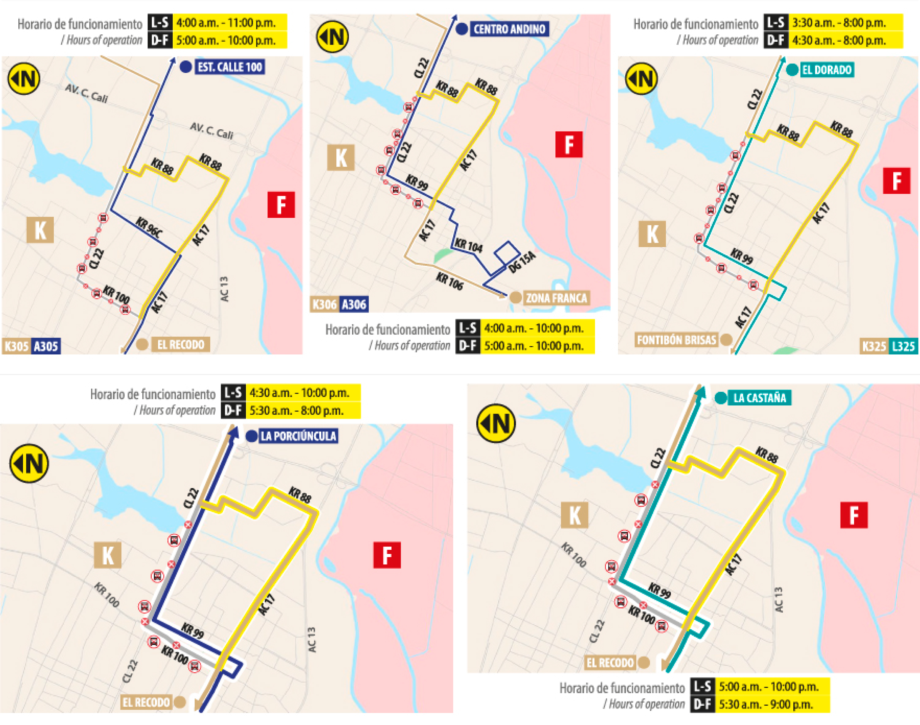 servicios zonales K305 - A305, K306 - A306, K325- L325, K322 - A322 y K307 - L307 dejarán de transitar por la carrera 100 y calle 22