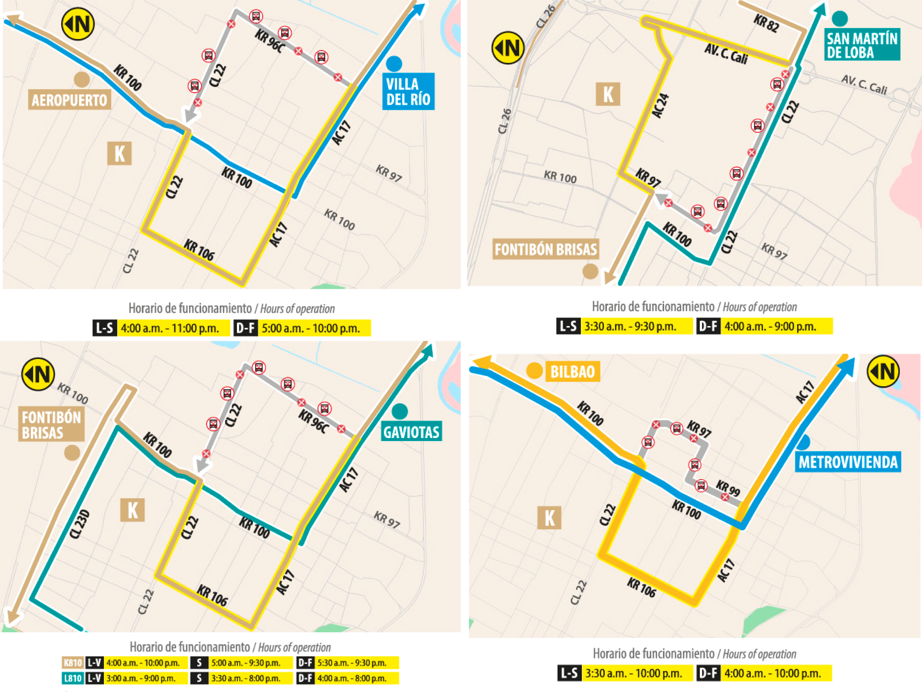 las siguientes rutas zonales dejarán transitar por la calle 22, carrera 96C, carrera 97, carrera 99, carrera 100 y la avenida Calle 17.