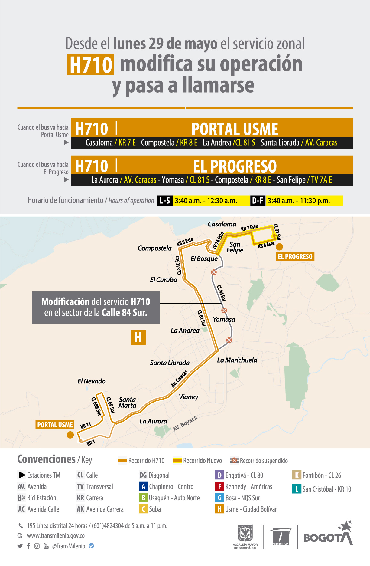 Servicio zonal H710 modifica su operación en el sector de El Progreso y pasa a llamarse H710 Portal Usme - H710 El Progreso