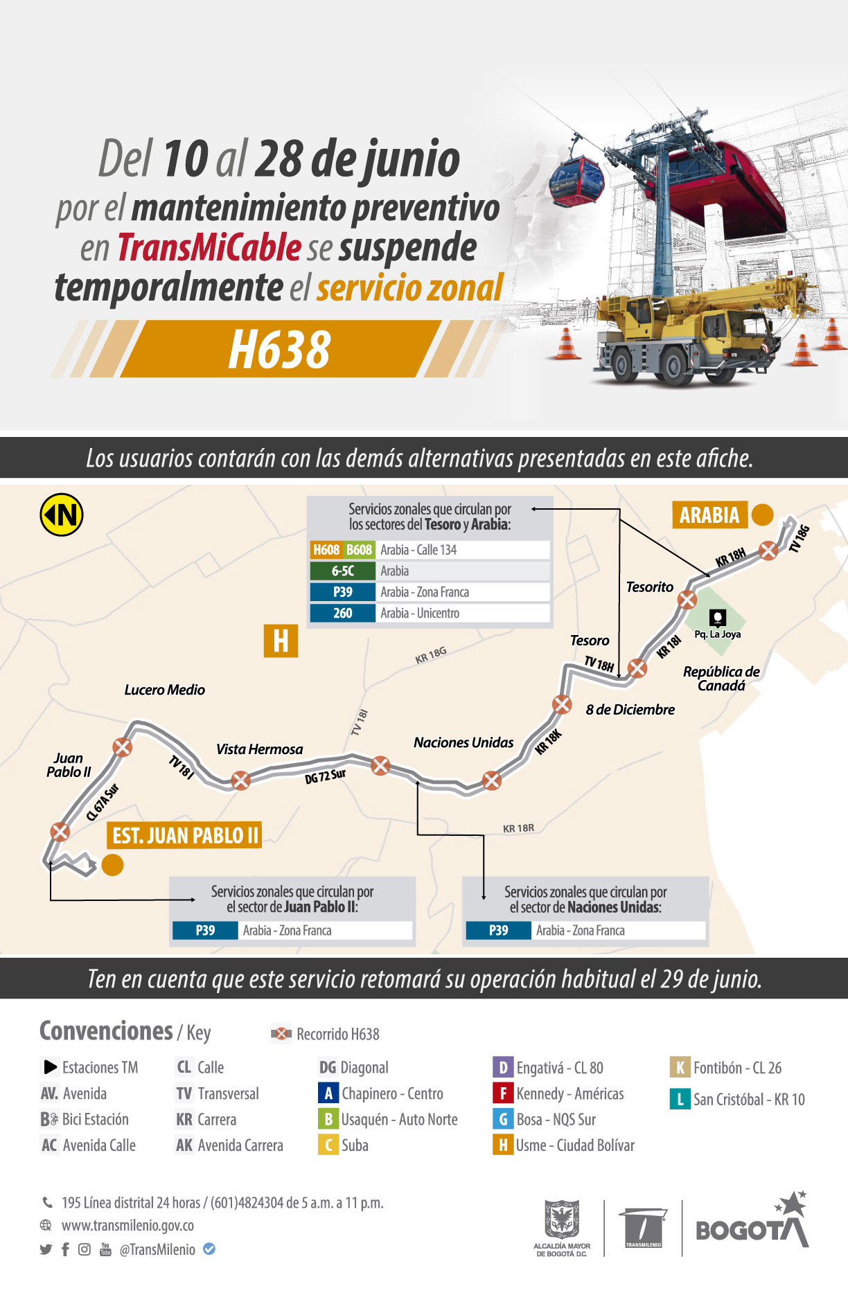 Por obras de mantenimiento de TransMiCable, se suspende el servicio zonal H638 Estación Juan Pablo II - Arabia