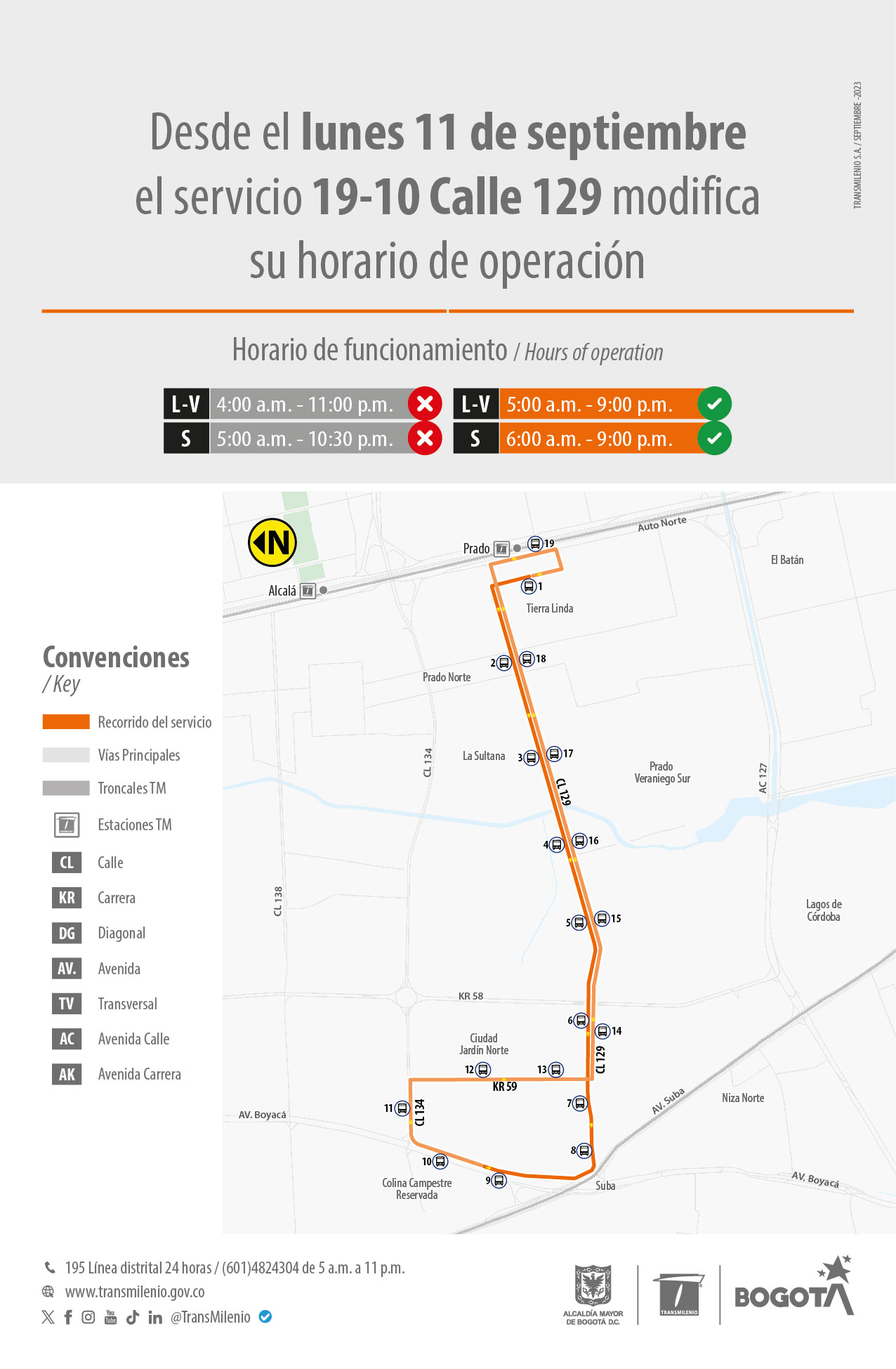 A partir del 11 de septiembre, la ruta 19-10 Calle 129 modifica su horario de operación