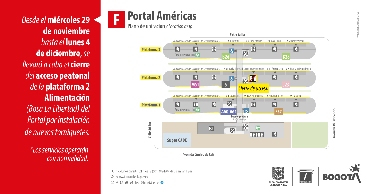 Cierre de acceso peatonal en el Portal Américas del 29 de noviembre al 4 de diciembre