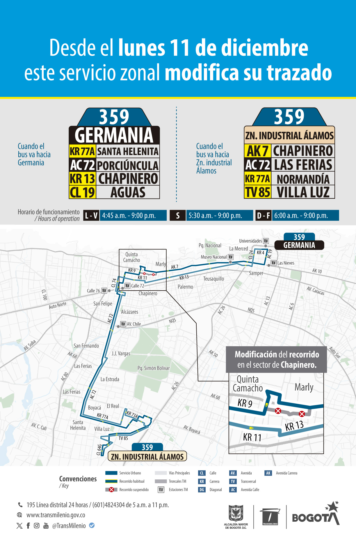 Ruta zonal 359 Germania - 359 Zona Industrial Álamos modifica su operación