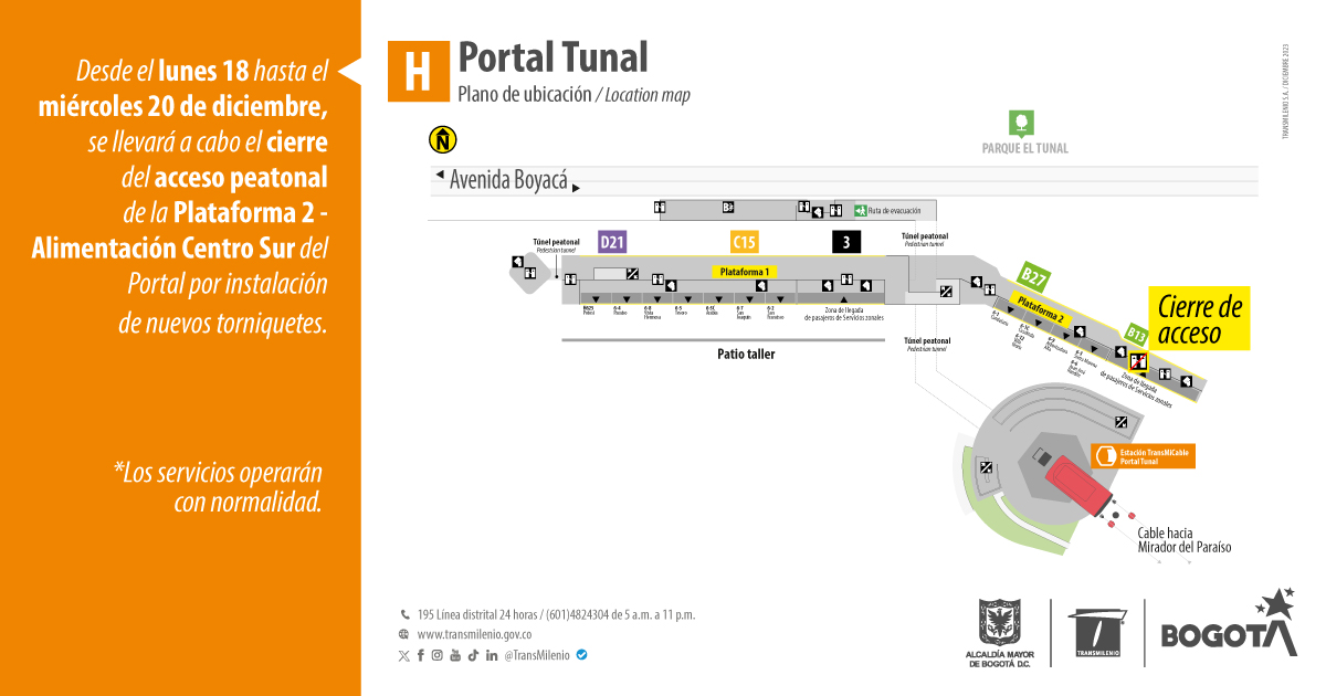 Cierre de acceso peatonal en la Plataforma 2 del Portal Tunal