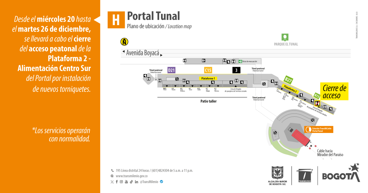 Cierre de acceso peatonal en la Plataforma 2 del Portal Tunal
