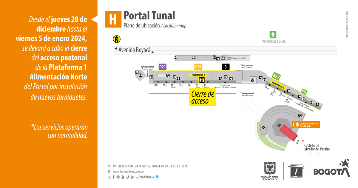 Cierre de acceso peatonal en la Plataforma 1 del Portal Tunal