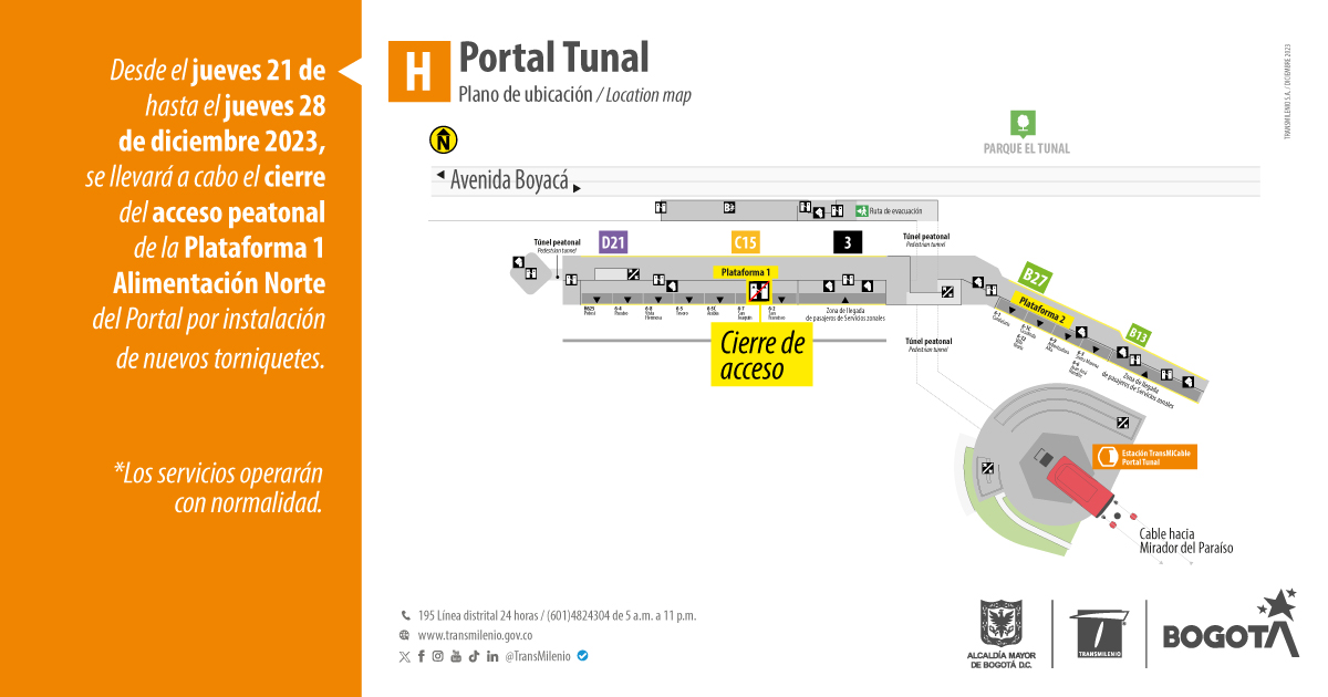 Cierre de acceso peatonal en la Plataforma 1 del Portal Tunal