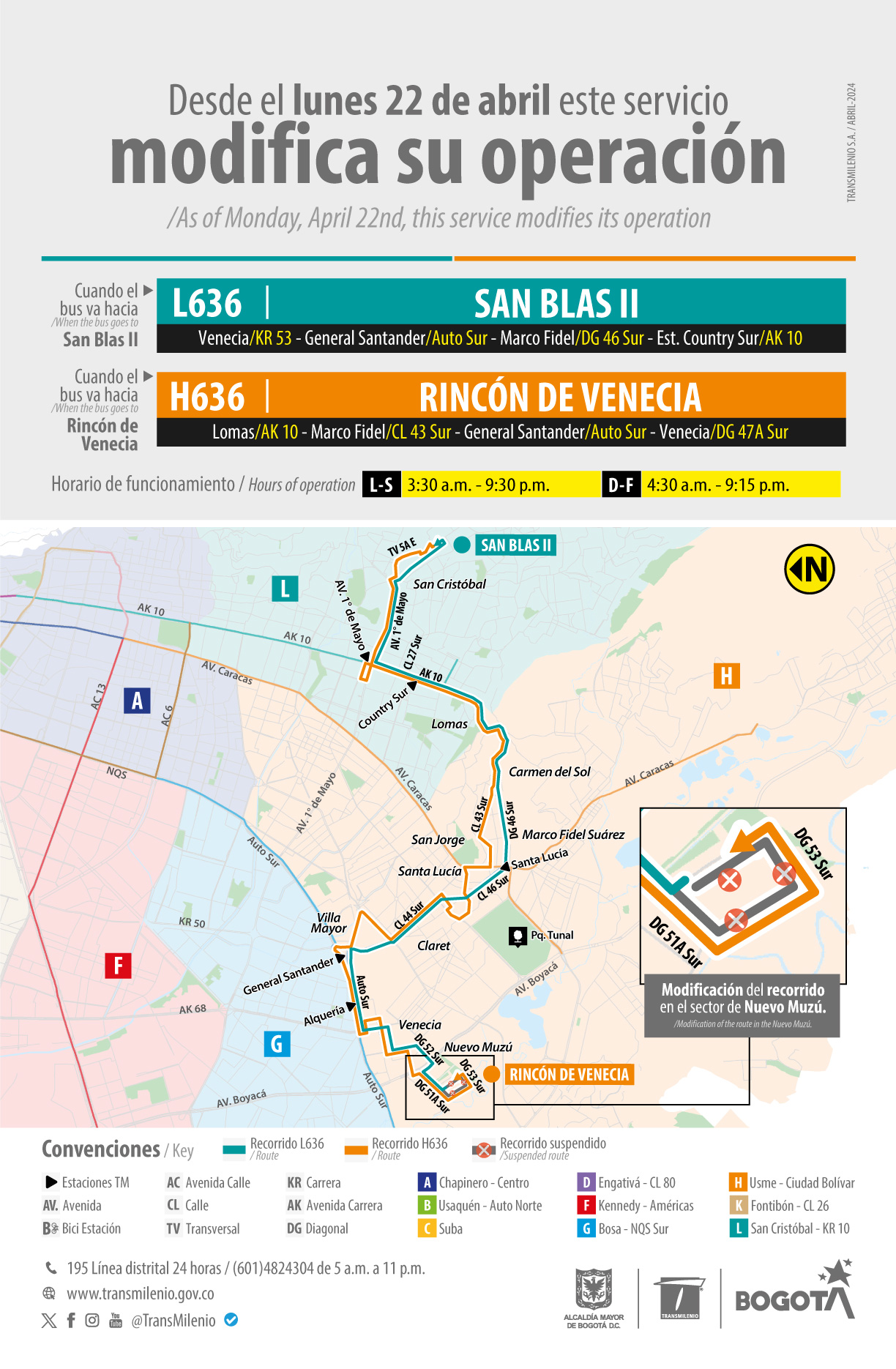 Mapa con el recorrido y cambio operacional de las rutas L636 San Blas II y H636 Rincón de Venecia, modificación su recorrido en el sector de Nuevo Muzú.por la diagonal 51A sur y diagonal 53 Sur