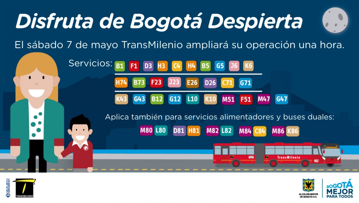 Lista de los servicios que ampliarán su operación una hora para el 7 de mayo por Bogotá Despierta. 