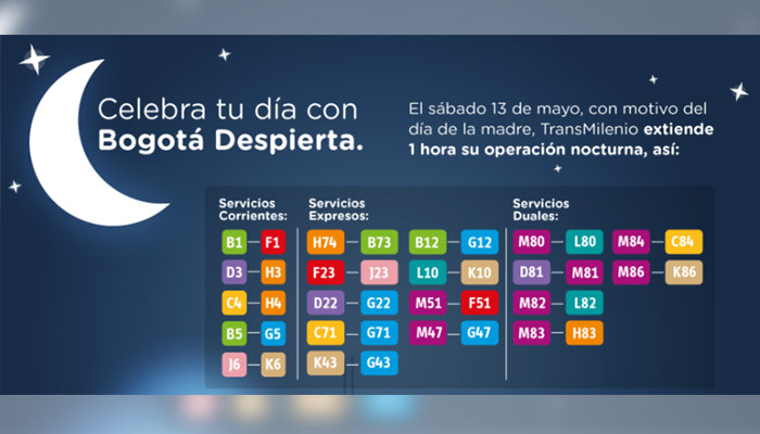 TransMilenio extiende 1 hora su operación nocturna por el día de la Madre 